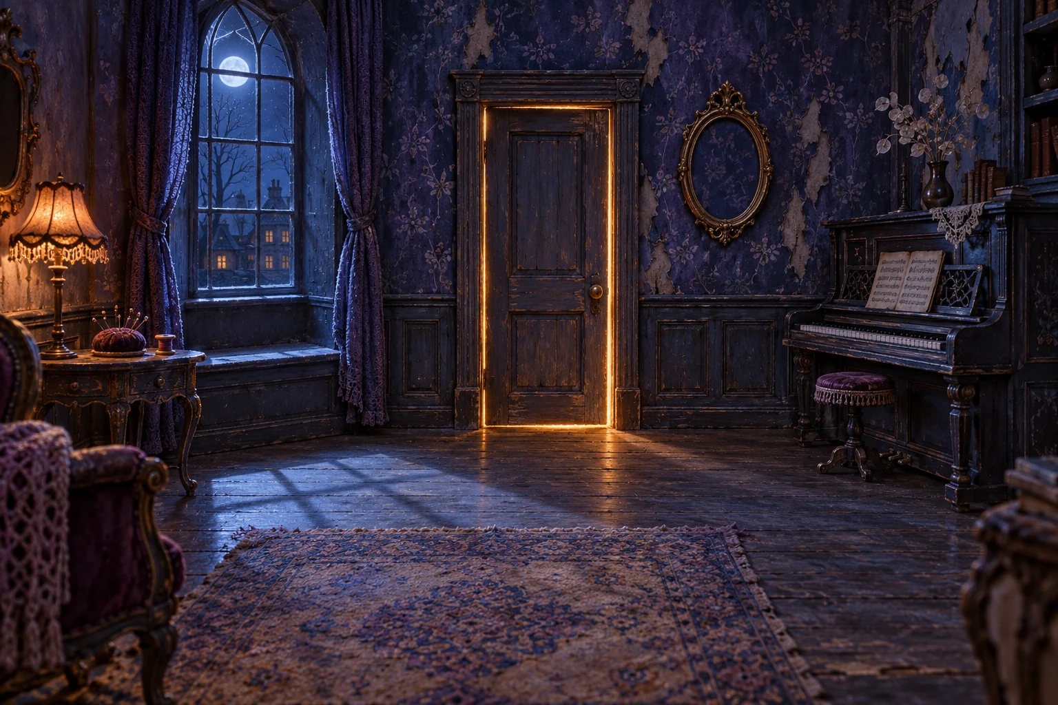 Quarto ilustrado à luz da lua, com mesa de costura à esquerda, uma pequena porta ao centro e piano à direita.